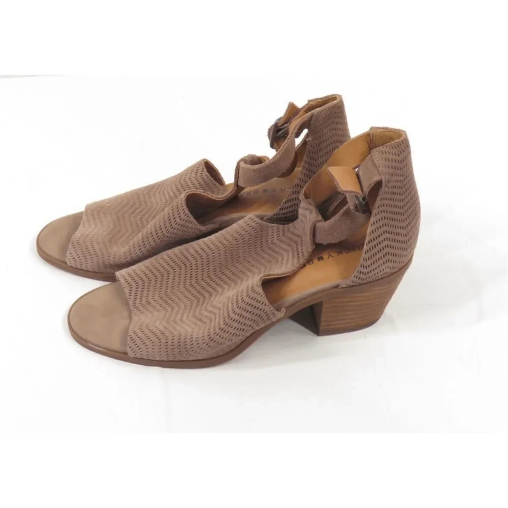 Lucky Brand Baxley Perforated Leather Sandals Block Heel Peep Toe Taupe Women 7